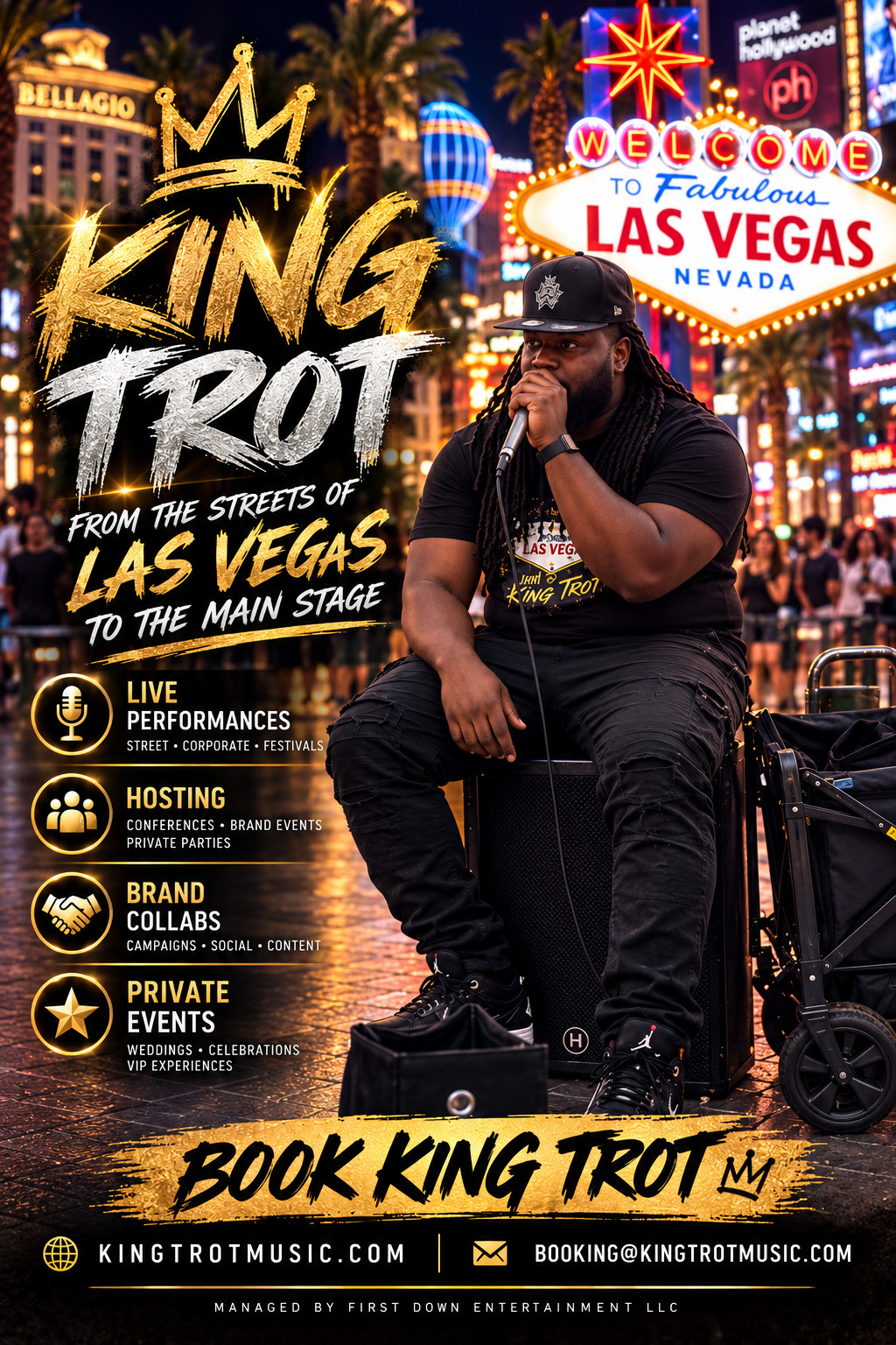 King Trot seated on a speaker on the Las Vegas Strip holding a microphone, with the Welcome to Fabulous Las Vegas sign behind him